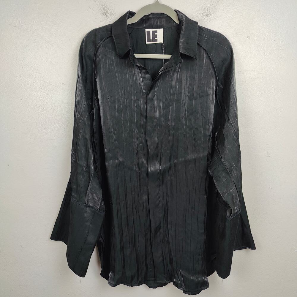 Local European Black Satin Pleated Button-Front Shirt